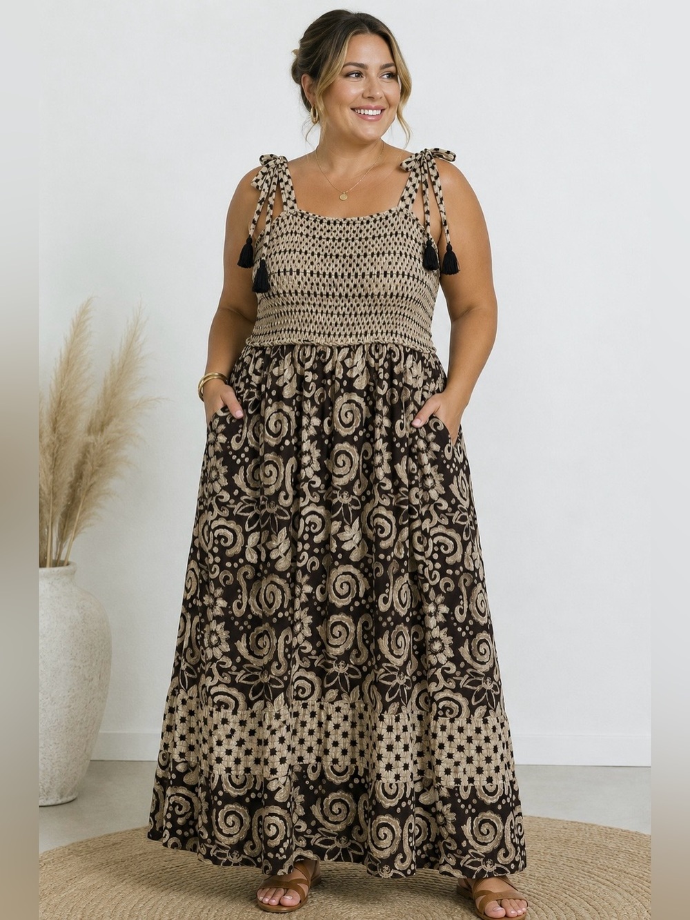 Boho Chocolate Brown Smocked Sunflower Print Maxi Dress Pockets Tassel Tie 2X